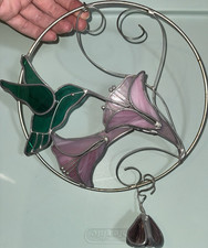 Stained Glass Suncatcher Hummingbird and Flowers Green Purple Decorative