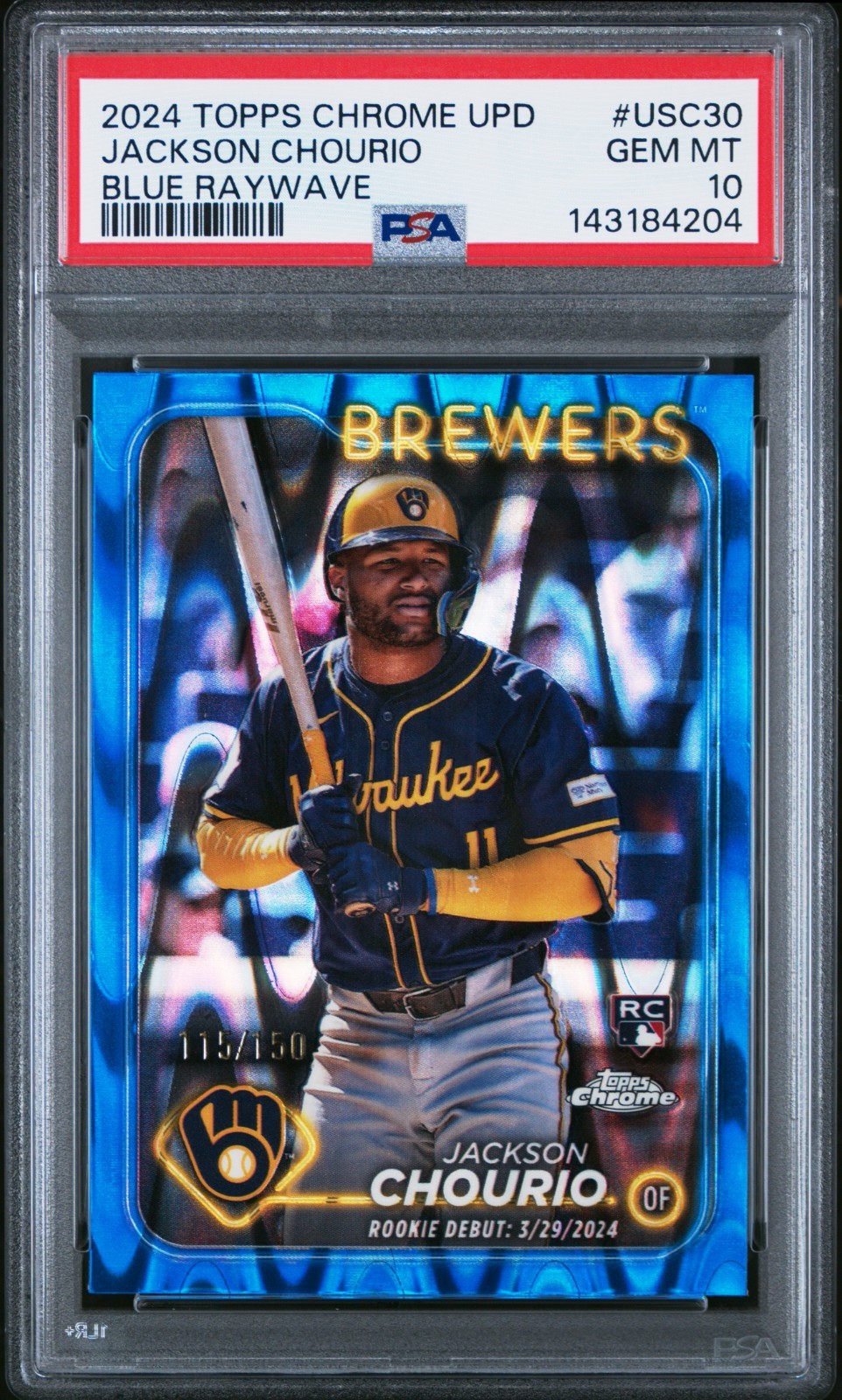 JACKSON CHOURIO - 2024 TOPPS CHROME UPDATE #USC30 - BLUE RAYWAVE /150 - PSA 10