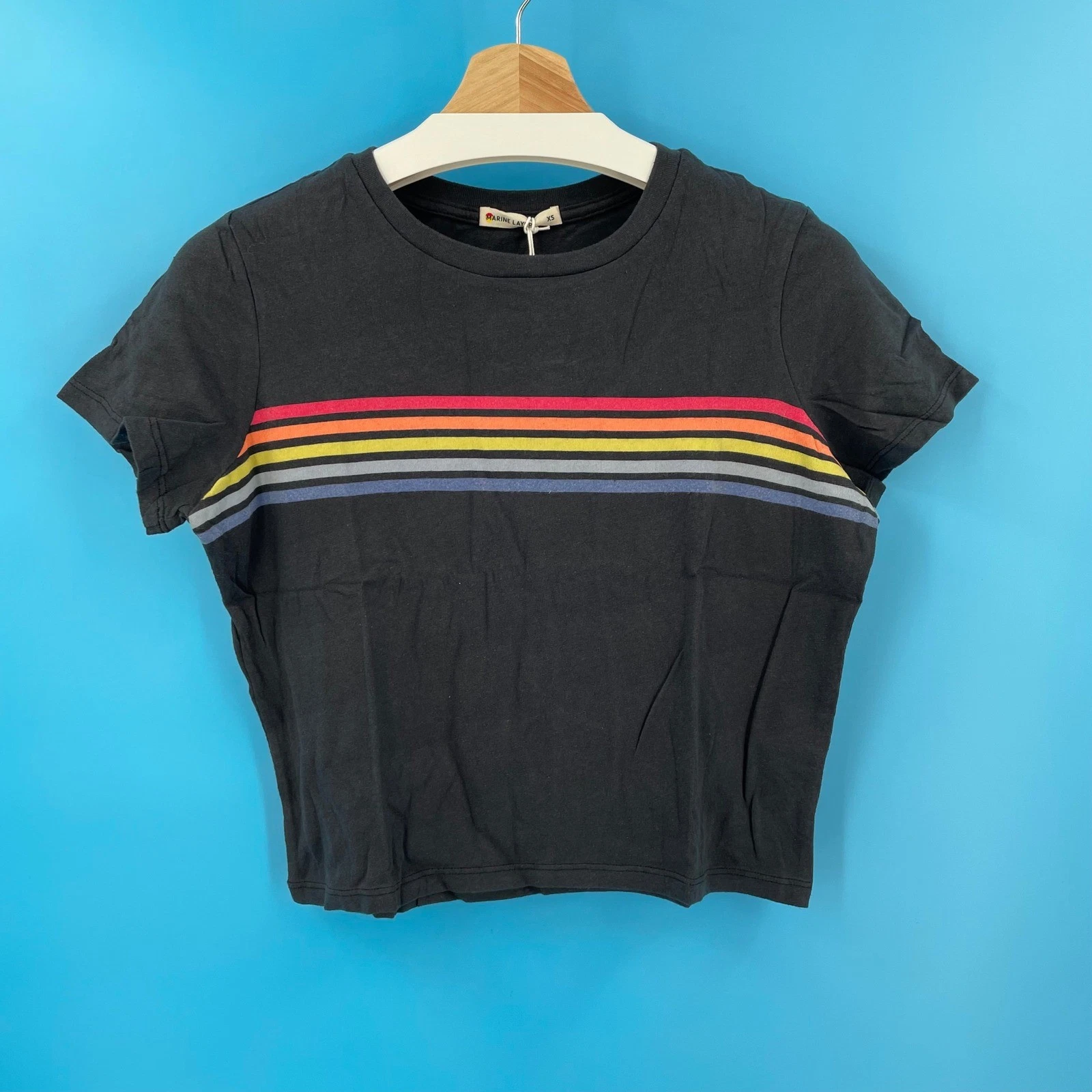Marine Layer Made in USA Easy Crop Chest Rainbow Stripe Tee Black NWT Size XS