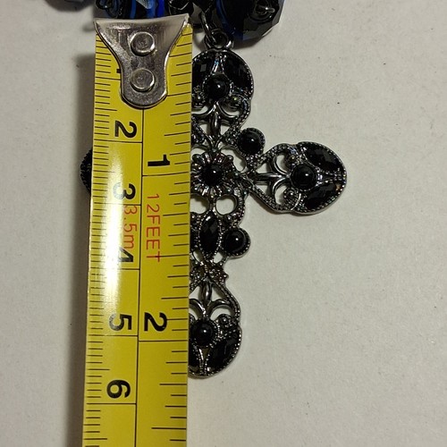 Vintage Y2K Black Gothic Cross Pendant Necklace Blue Beads Layered Chain Ribbon - Picture 6 of 10