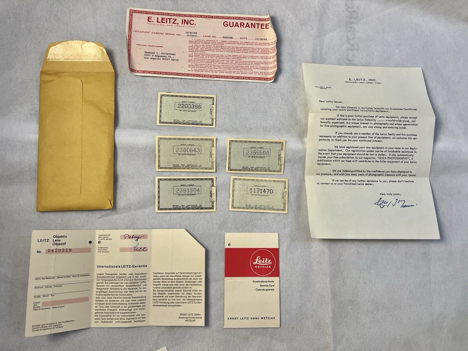 Vintage Leica E. Leitz Inc Guarantee Certificate & Serial Number Cards 1171470