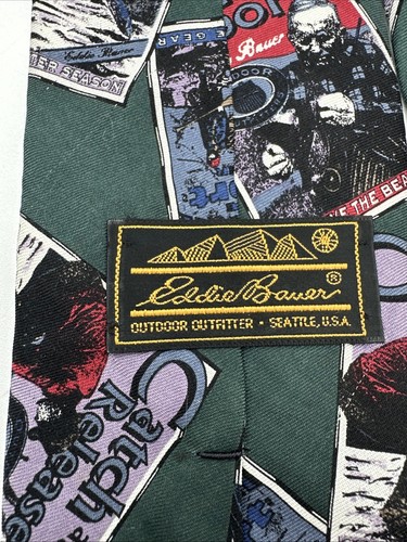 Vtg Eddie Bauer Mens Neck Tie Green Outdoorsman Poster Necktie Silk - Picture 5 of 5