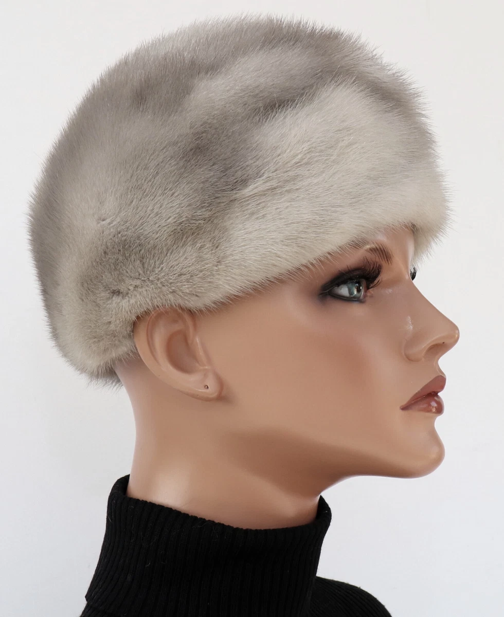 Nerz Hut Pelz Silber Fell Kappe Vintage Mode Mütze Schmuck Putz Damen Grau Mink