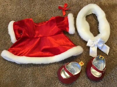 Build A Bear Clothes Lot Of 4 Red Christmas Dress White Fur Cape Shoes & Earbow