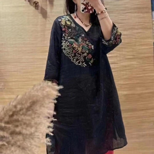 Retro Women Ethnic Embroidered Dress V Neck Chinese Floral Midi Tops Shirt Dress - Picture 4 of 22