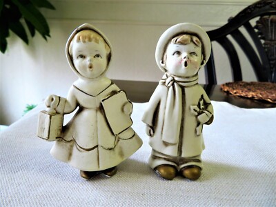 Vintage Christmas Figurines Boy Girl Caroler Decorations Wolin Japan Pair MCM