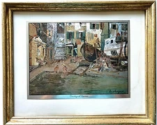 Vintage Courtyard Venice by Lionel Barrymore Framed Color Foil Etch Print 10.75"