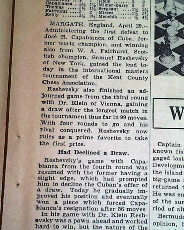 SAMUEL RESHEVSKY Defeats Jose Capablanca Cuban CHESS Grandmaster