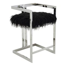 Suki 26 Inch Counter Stool Chair- Black Faux Fur- Silver Stainless Steel