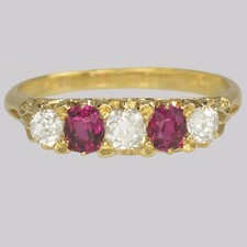 Victorian Ring Ruby Diamond 18ct Gold Antique Old Mine Cut Diamond Five Stone