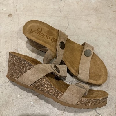 Yokono Womens Suede Brown Tan Leather Wedge Sandals Slip On Sz 8 Spain