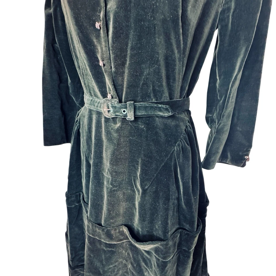 Vintage 40s WWII era Green Velvet Satin Trimmed Evening Dress Ruched size S - Image 3 of 4