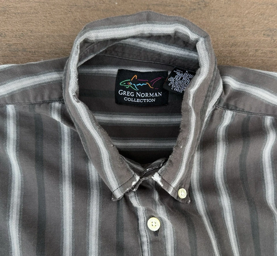Camisa De Colección Greg Norman Abotonada Para Hombres L Marrón Negro Rayas Manga Larga Top Foto 4 de 4