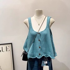 Damen Häkelbesatz Strick Trägerhemd Weste Knopf Tank Top Ärmellos Preppy