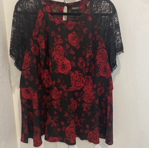 Torrid Übergröße Tops 2x Neu mit Etikett Farbe rot/schwarz Blumenmuster Spitze Kurzarm - Bild 2 von 8