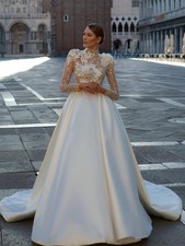 High Neck A-line Wedding Dress with Shiny Long Sleeves and Beaded Bridal Gown