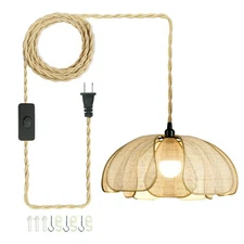Plug in Rattan Pendant Light, Japanese Wabi sabi Style Lighting Fixture, 16.7...