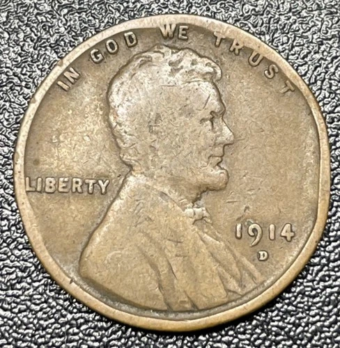 1914-D Lincoln Wheat Cent Penny 1c Very Fine VF Details Rim Damage Key Date Coin