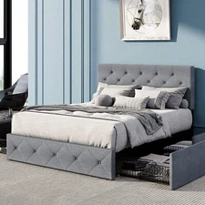 Queen Size Platform Storage Bed with 4 Drawers & Adjustable Headboard,Light Grey