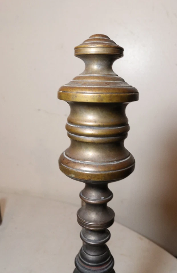 pair 18th century turned peened brass wrought iron Georgian andirons 1700's  - Image 4 of 4