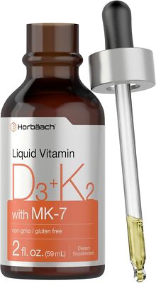 Vitamin D3 + K2 Liquid Drops | with MK7 | 2 Fl Oz | Vegetarian | by Horbaach