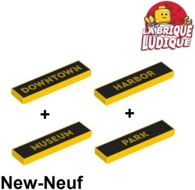 Lego Set 4 Tile decorated 1x4 Richtungsschild DOWNTOWN HARBOR MUSEUM PARK Neu