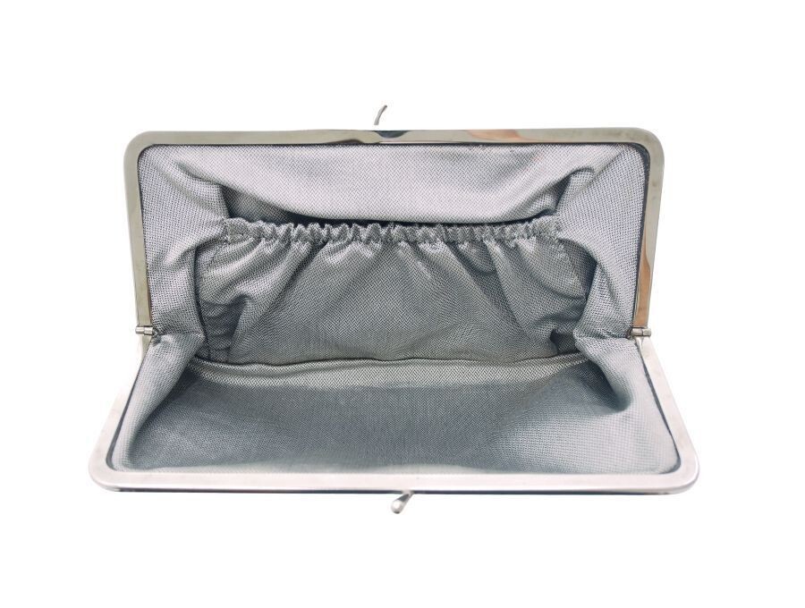 CHANEL Silver Gray Clutch Bag CC Logo Nylon Used VG Item CHANEL Silver Gray Clutch Bag CC Logo Nylon Used VG Item