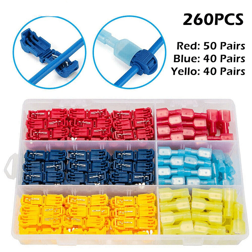 260pcs T-Taps Wire Connectors Insulated 22-10AWG Terminal Quick Splice Combo Kit - Image 2 of 4