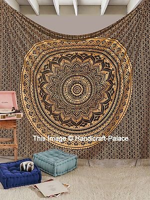 Indian Tapestry Wall Hanging Black Gold Ombre Mandala Bedspread Queen ...