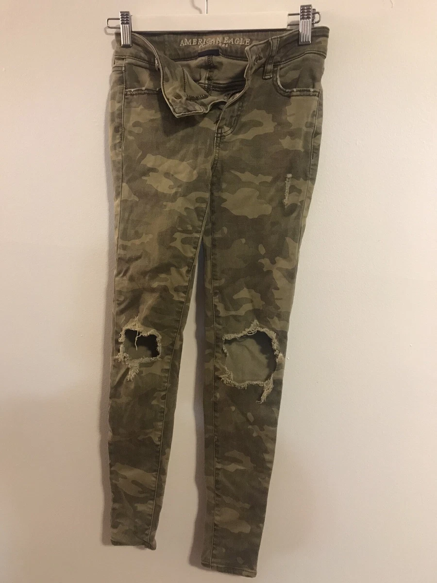 American Eagle Women s Camo Denim Skinny Jeans Distressed Super Stretch Green 0