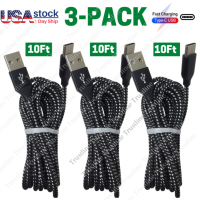 3Pack Lot 10ft USB C Fast Charger Cable For Samsung Android TypeC Charging Cord