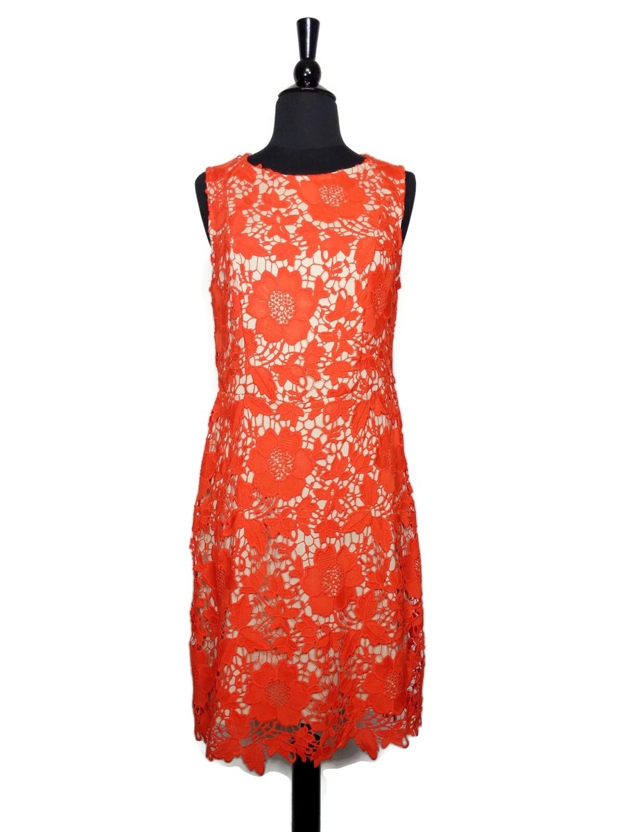 ECI New York Orange Lace Beige Lined Sleeveless Zip Sheath