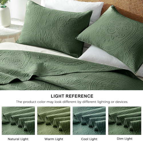 Green King/Cal King Quilt Bedding Set, 3 Pieces Lightweight Bedspreads with Pil - Picture 5 of 12