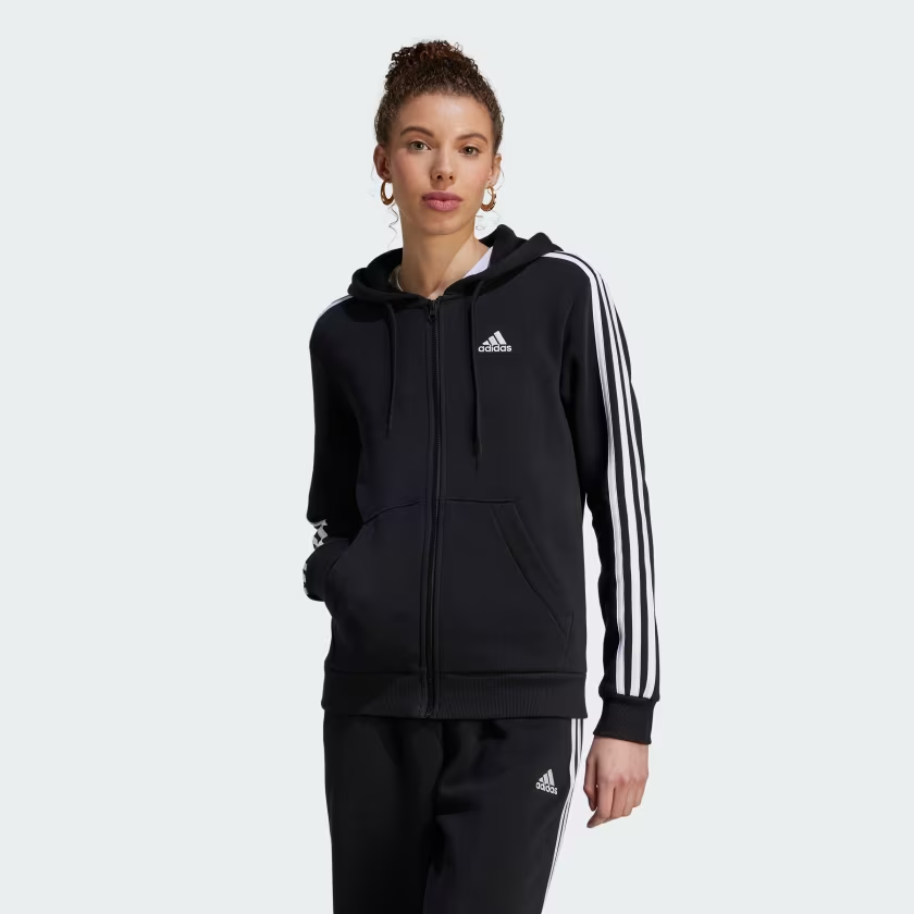 Adidas Essentials 3-Stripes Zip Fleece Womens Hoodie HZ5743 Black