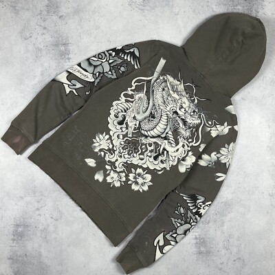 Vintage Ed Hardy Y2K Dragon Tattoo Crazy Zip Hoodie Ladies Size Small Grey 00 s