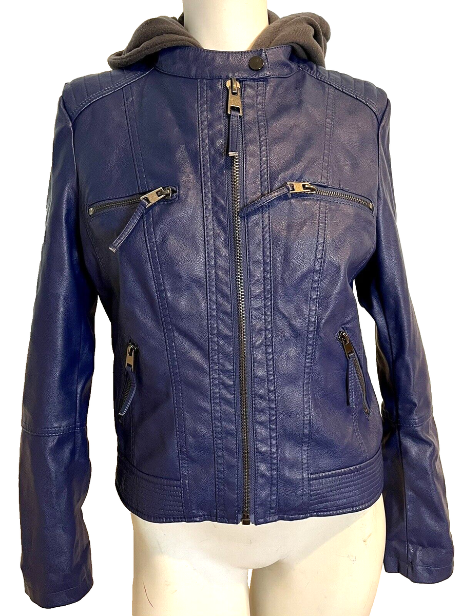 Cielo Basic Outerwear Blue Faux Leather Jacket with Gray Cielo Basic Outerwear Blue Faux Leather Jacket with Gray
