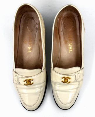 Vintage CHANEL Bianco Patent Leather Loafers 37.5 Ivory CC