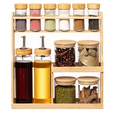 Basicwise 3-Tier Bamboo Spice Rack with 6 Spice Shaker Bottles, 4 Airtight Ja...