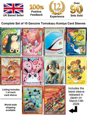 Komplettsatz 10 seltene Tomokazu Komiya Pokemon Sleeves - alle Packfrisch & NM