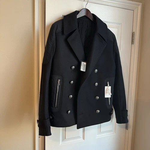 Balmain Double Breasted Wool Coat Size 48 New W Tags Pea Coat Men’s Black - product listing photo