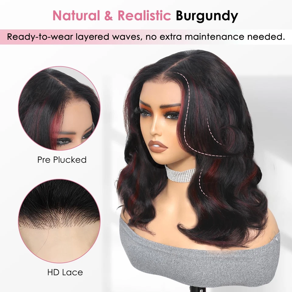 250 Densidade Destaque Borgonha Destaque Peruca Bob Cabelo Humano com Cortina Bang... - Imagem 2 de 4