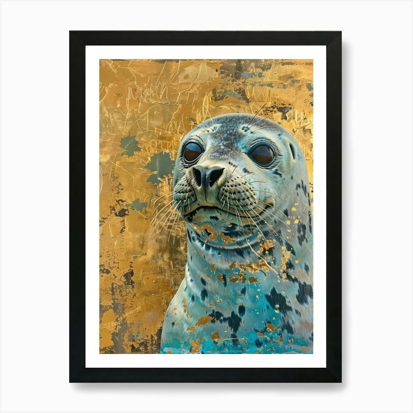 Harp Seal Pup Gold Effect Framed Canvas Wall Art Print