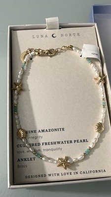 Luna Norte Genuine Amazonite Freshwater Pearl Anklet Gold Tone Starfish Shell