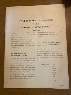 Technical Leaflet Hammond Chord Organ Model S-6 Owners Service Suggestions