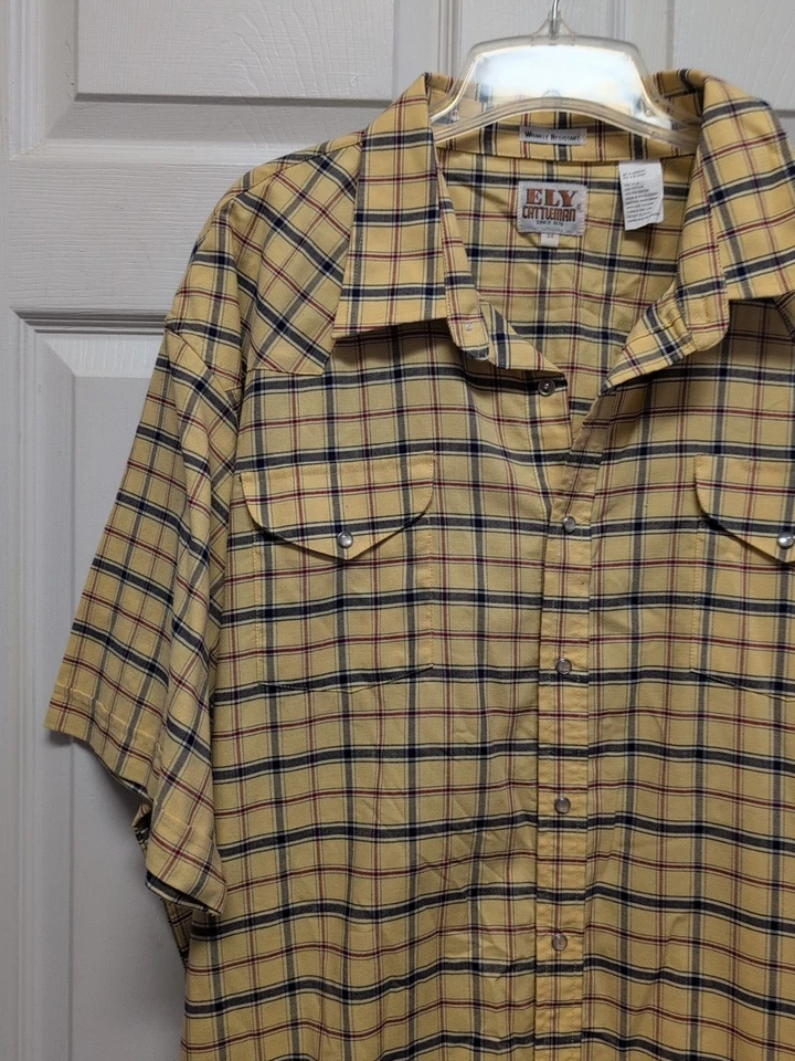 Camisa Western Ely Cattleman Talla 3X Amarillo Azul Cuadros Manga Corta Perla Broches de presión  Foto 4 de 4