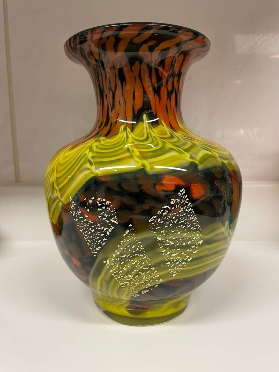 Kamei Glass Osaka Abstract Art Glass Vase Yellow Orange Black