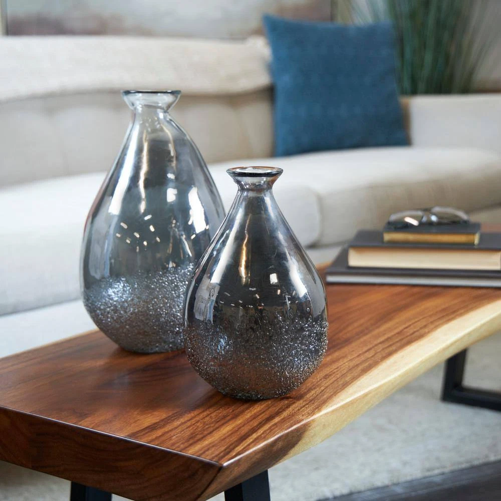 Gray Textured Teardrop Glass Decorative Vase (Set of 2)