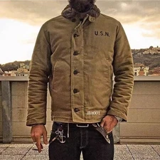 Khaki N-1 Deck Jacket Vintage USN Men's Military N1 Men's Fleece Lamb Coat