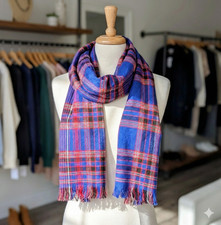 Woven Plaid Square Scarf / Shawl - 1m x 1m - Unisex Blue  Red - Made in India