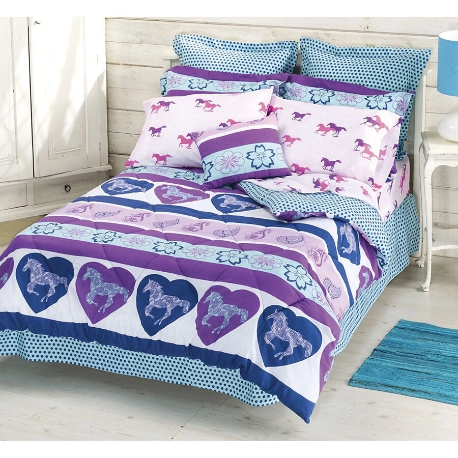 GIRLS Purple Pink Horse Pony Hearts Paisley Comforter Set Sheets Bed In A Bag - Image 3 of 3